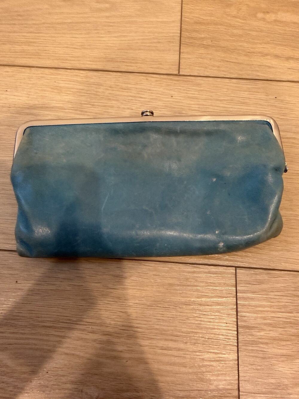 HOBO INTERNATIONAL Lauren Blue Teal Patent Leather Double Kisslock Clutch Wallet